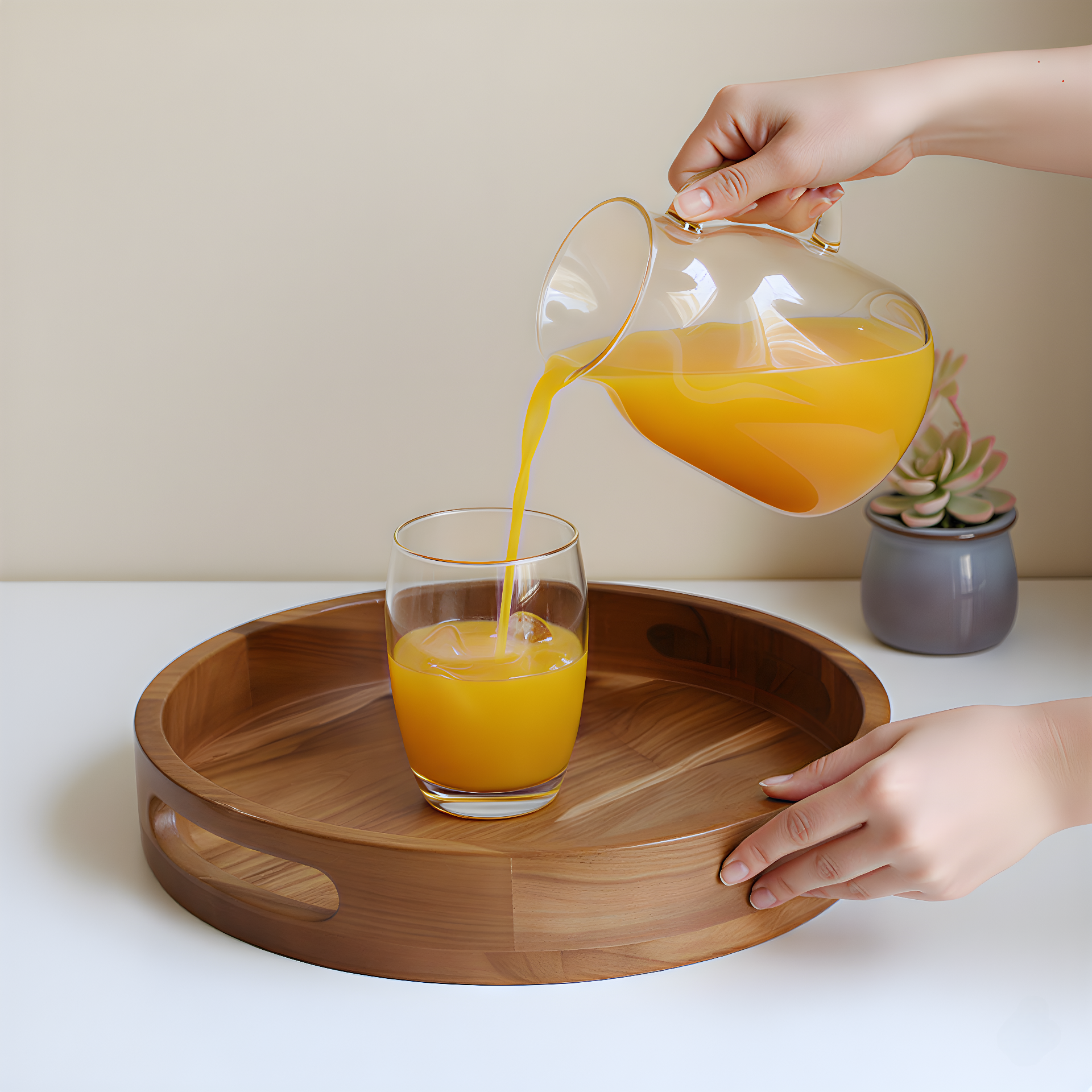 Handcrafted golden teak wood round tray with natural finish, perfect for serving or decor. Durable, eco-friendly, and stylish