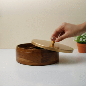 Handcrafted golden teak masala box with multiple compartments, perfect for storing spices and herbs. Durable, eco-friendly, and stylish."